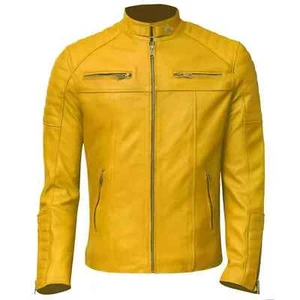 Stylish Jacket Soft Handmade Lambskin Leather Men's yellow Genuine Real Biker - Picture 1 of 6