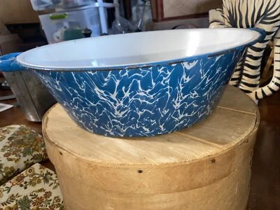 Antique Vintage Blue and White Enamel Wash Basin 16" holds water. Has repairs. - Image 1 of 4
