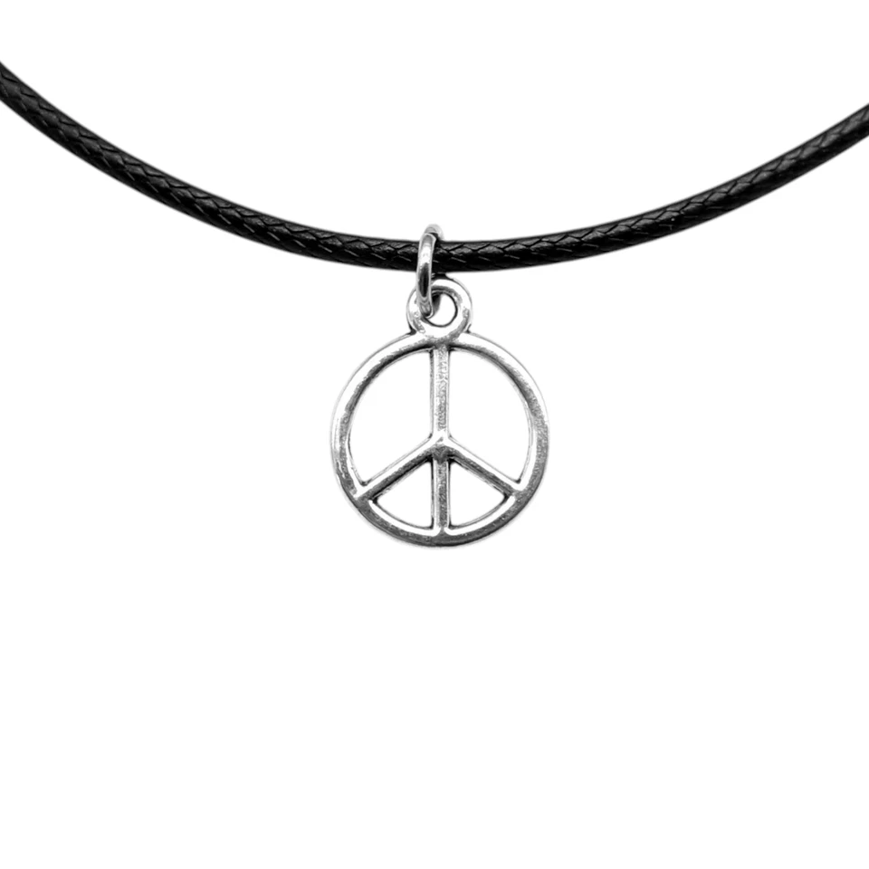 Collana Girocollo simbolo della PACE in Cordino Nero Ciondolo Argento Uomo Donna - Immagine 1 di 4