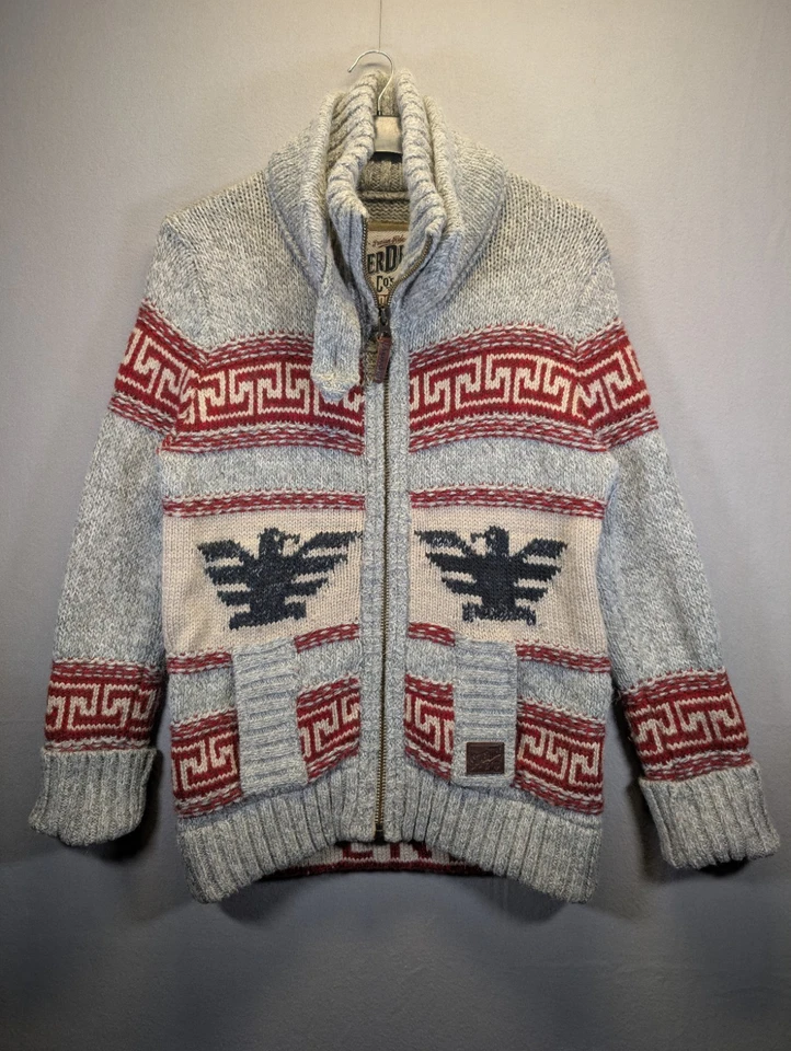 Superdry Cardigan Mens Large Grey Chunky Knit Zip Aztec Nordic Cowichan Sweater - Image 1 of 4