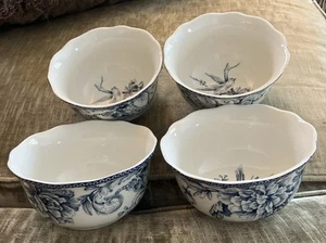 222 Fifth Adelaide Blue Lot 4 Toile Birds Soup Cereal Bowls - Picture 1 of 7