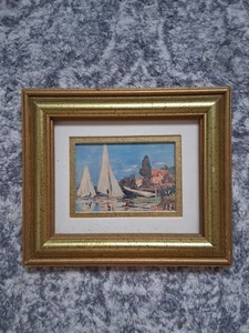  Minature print picture wall gold frame boat, ship double mat picture 5.5"x 6.5" - Foto 1 di 7