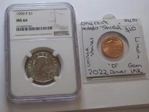 Moneda 1999 dólar Susan B Anthony gema UNC MS66 NGC más 2022 centavo escudo gema EE. UU. - Imagen 1 de 13
