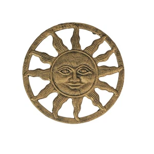 Cast Iron Celestial Sun Face Trivet Distressed Metallic Gold Finish, 7.75" - Picture 1 of 9