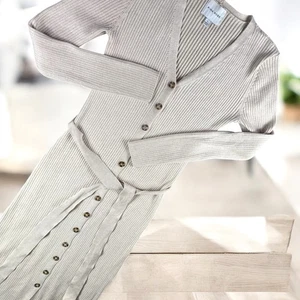 Pink Rose Maxi Dress Women L Ribbed Knit Button Front Beige Belted Boho Garden - Picture 1 of 8