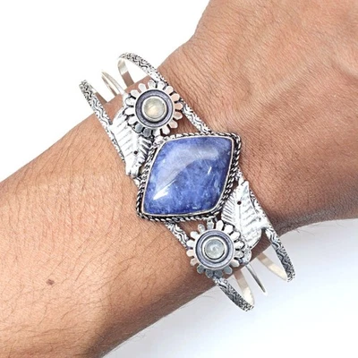 Антикварные ювелирные браслеты-манжеты из содалита с драгоценными камнями 7 дюймов регулируемые - Изображение 1 из 4