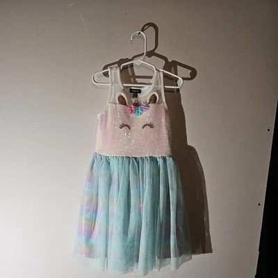 Pink & Violet Little Girls Sequins Unicorn Face 3D Flowers Tutu Dress Size 5 - Image 1 of 3