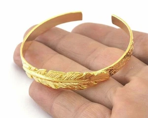 Cuff Bracelet Feather Shiny Gold Plated Brass (55mm inner size Adjustable ) 3162 - Picture 1 of 2