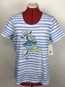 NWT Kim Rogers Striped Short Sleeve Blue Beach T-Shirt Top Womens PETITE MEDIUM - Picture 1 of 8