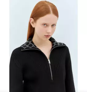NWT GUCCI Black Wool/GG Crystal Embroidery Half-Zip Sweater Size S - Picture 1 of 15
