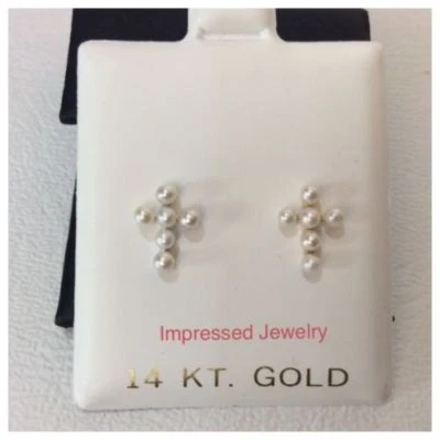 14K Yellow/White Real Gold Fresh Water Pearl Cross Screw Back Stud Earrings - Image 1 of 3