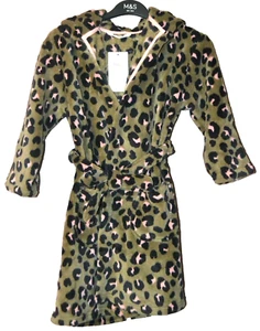 M&S GIRLS HOODED FLEECE DRESSING GOWN HOUSECOAT AGE 6-7 KHAKI MIX - BNWT - Picture 1 of 4