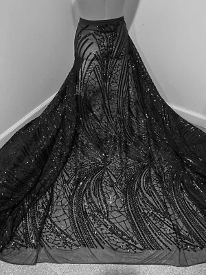 "Tela de encaje de malla bordada lentejuelas elásticas negras de 4 vías 50"" de ancho 1 yarda" Foto 1 de 4