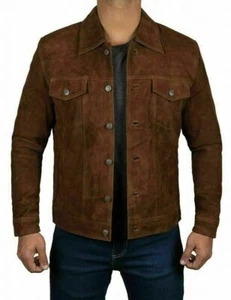 Men Logan Dark Brown Real Suede Leather Jacket Coat Denim Trucket Button Collar - Picture 1 of 5