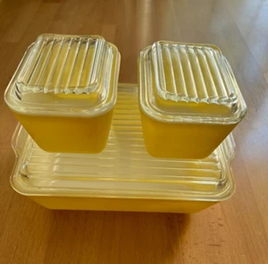 6 Stk. Vintage Pyrex gelb #503 Deckelschale mit 2 passenden #501 ~ BILDER ANSEHEN - Bild 1 von 11