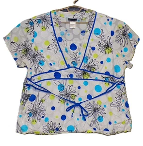 Cherokee Scrubs Top 2XL V-Neck Floral Polka Dot Print Short Sleeve Nursing Shirt - Picture 1 of 5