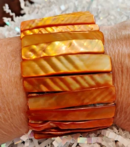 Abalone Pieces Chunky Stretch Bracelet 1.75” Wide Amber Orange Coastal Casual - Picture 1 of 13