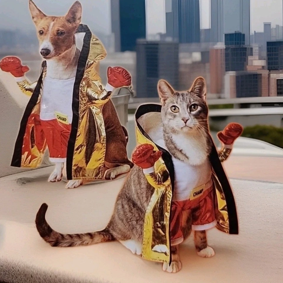 Disfraz para Mascota Boxer Campeón Perro Gato Conjunto Sudadera con Capucha Rojo Pantalones Cortos Bata Dorada XS Foto 1 de 4