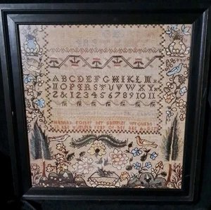 VINTAGE HANNAH FOSTER COMPLETED EMBROIDERY FRAMED 23X23 - Picture 1 of 13