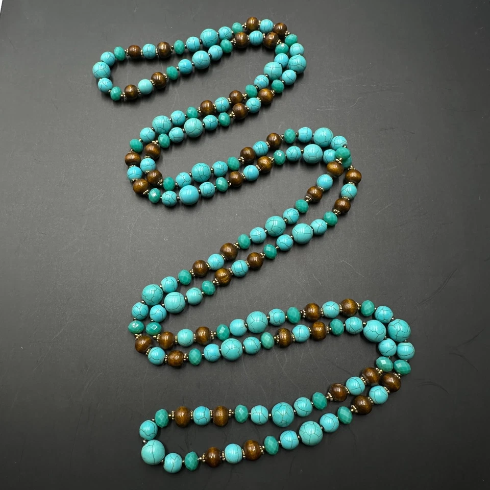 Faux Turquoise Beaded Necklace Brown Wood Beads Boho Southwestern Long 58" - Image 1 of 4