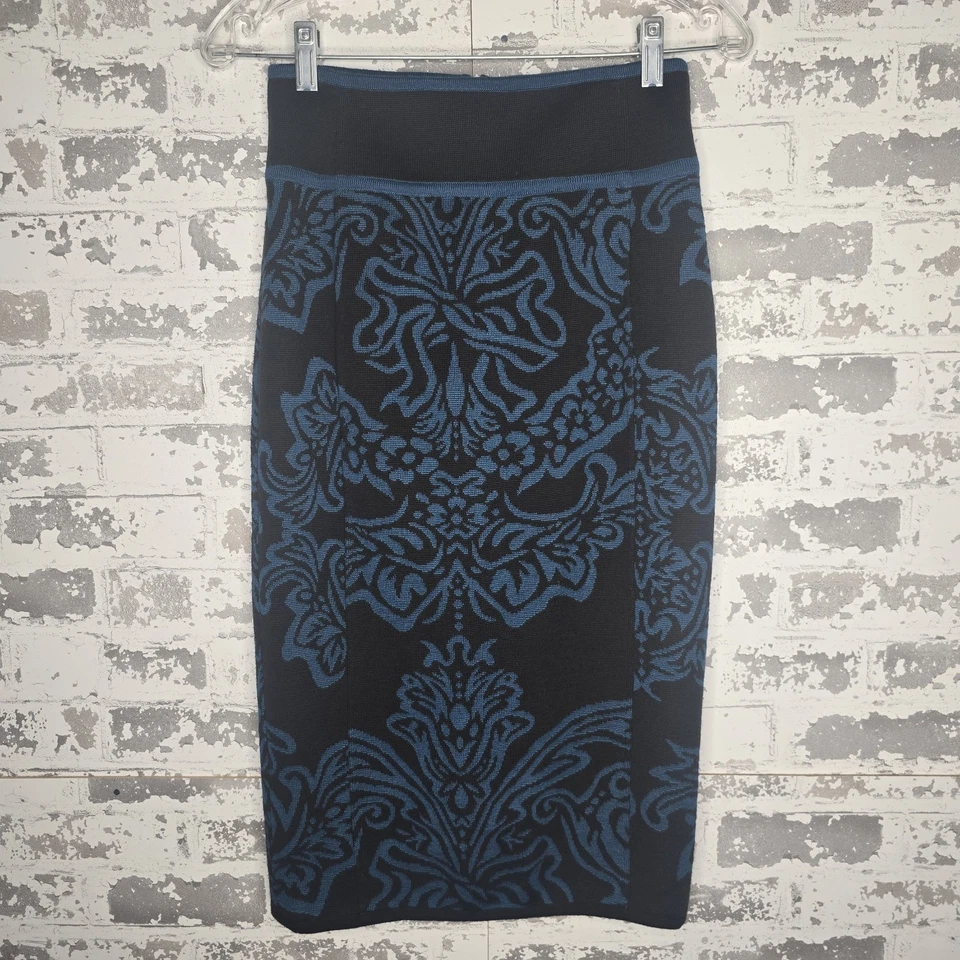 Falda Wolford Mujer 4 Negra y Azul Damasco Elastizada Lana Seda Mezcla Cachemira De Colección Foto 1 de 4