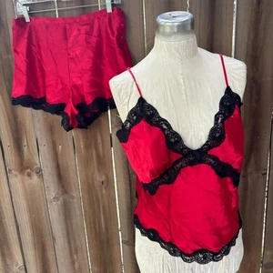 Vintage 80er CHANTEUSE DESSOUS SET Camisole Stepphöschen rot Satin schwarz Spitze L - Bild 1 von 8