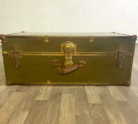Antique Early 1900's Olive Green Metal Steamer Trunk with Tray Cover