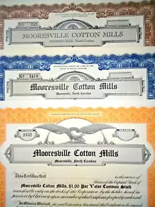 TRIO OF CRISP RARE 1920'S MOORESVILLE NORTH CAROLINA COTTON MILL STOCKS! CV $120 - Picture 1 of 1