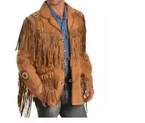 Men Tan Brown Suede Western Cowboy Leather Jacket With Fringe - Bead Work - Picture 1 of 4