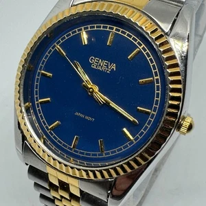 VTG Geneva Quartz Watch Men Dual Tone Blue Fluted Bezel Japan Movt New Battery - Picture 1 of 6