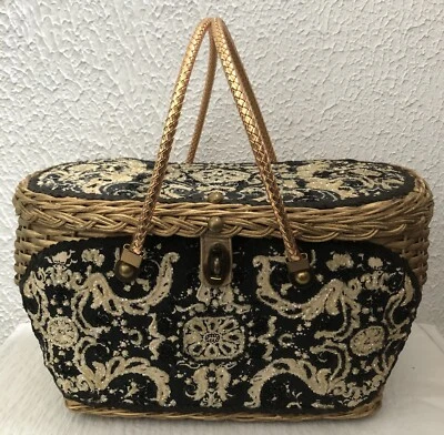 Cartera de mimbre vintage Midas de Miami cesta dorada negra detalle de cuentas alrededor de 1960’s Foto 1 de 4