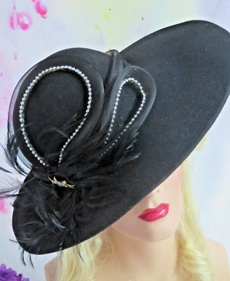 Sombrero de mujer Bellini New York vintage fieltro de lana rueda de carro ala ancha joyas de plumas Foto 1 de 4