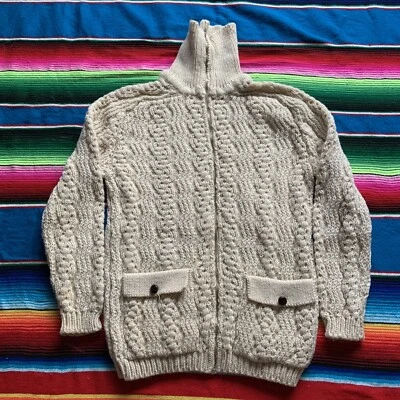 Gaeltarra 100% Wool Irish Sweater Full Zip Chunky Cable Knit Size Large Cream - Image 1 of 4