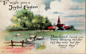 Joyful Easter Farm Scene With Sheep In Pasture  On Farm Vintage Postcard - Picture 1 of 1