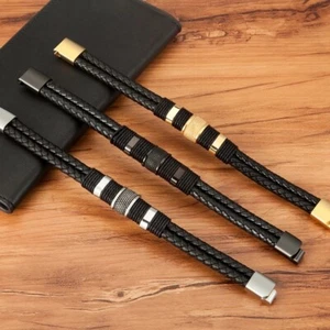 Bracciale Uomo Pelle Stile Doppio Strato Classico Acciaio Inox - Foto 1 di 4