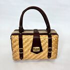 Vintage Basket Weave Wicker Style Hand Bag Purse Leather Handles Gold Hardware