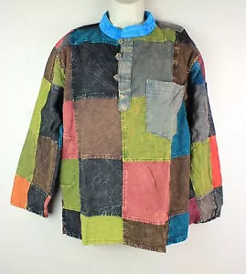 Camicia boho senza colletto patchwork cotone lavata con pietra Kurta FAIRTRADE PWS1 - Foto 1 di 3