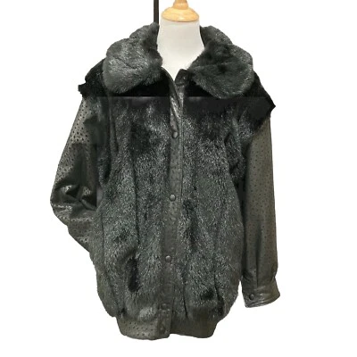 Vintage D’Esprit Black Plush Jacket Coat Faux Fur Faux Ostrich Leather Size 10 - Image 1 of 4