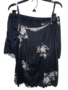 DAMEN 2-TEILIGES MARINEBLAUES BLUMEN SHORTS PYJAMA SET GRÖSSE 2X - Bild 1 von 2