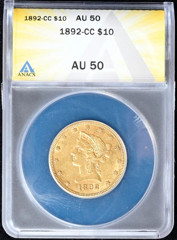 1892-CC Liberty Head $10 Gold Eagle Coin ANACS AU 50 FREE S/H RARE Cover