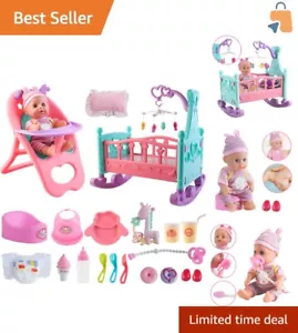 Educational 12” Baby Doll Play Set for Kids - Crib, High Chair & 21 Accessories - Picture 1 of 10