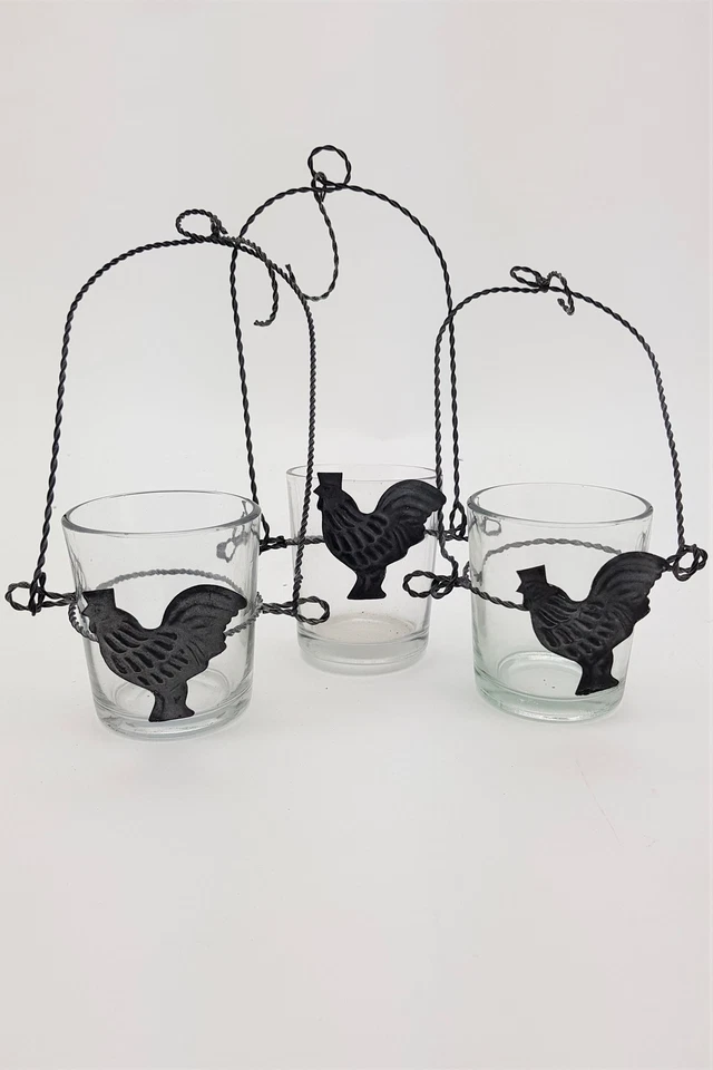 3er Set Teelichthalter zum Hängen aus Metall  Schmetterling Windlicht Hahn Rose  - Bild 1 von 1