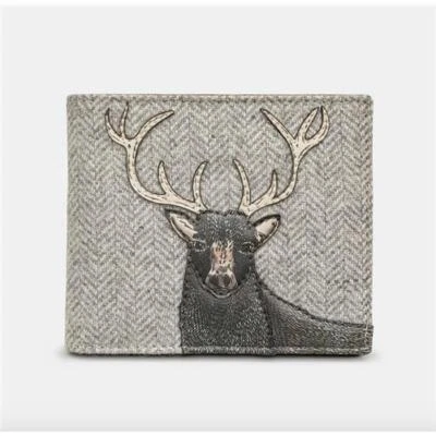 Grey Herringbone Tweed & Brown Leather Two Fold Mens Wallet With Highland Stag