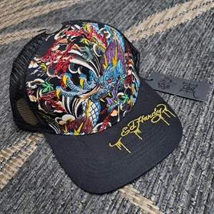 Gorra Ed Hardy Trucker Bordada Tatuaje Dragón Negra/Roja Malla Snapback - Imagen 1 de 5