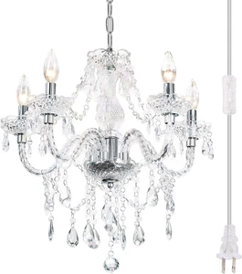 Plug-In 5 Light Crystal Hanging Pendant Lights Acrylic Chandelier with Clear Cor - Picture 1 of 9