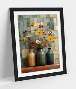 PAINTING OF FLOWERS IN VASES -FRAMED WALL ART POSTER PAPER PRINT - Picture 1 of 9