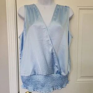 NWT WHBM Baby Blue Satin Sleeveless Top Ruched Waist Wrap Pleated Shoulder Med - Picture 1 of 11