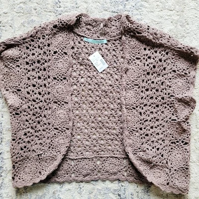 Y2K Open Crochet Knit Cropped Shrug Short Sleeve Top Women’s L Cottagecore Boho  - Image 1 of 4