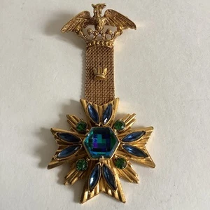 Vintage Florenza Maltese Cross Brooch Pin Blue Green Glass Comb on Gold Tone - Picture 1 of 5