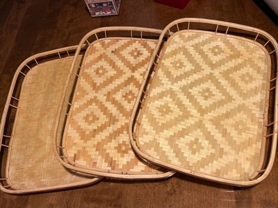 3pc PIER 1 Vintage MCM Woven Bamboo Rattan Wicker Serving Trays Tiki Bar 19x13 - Image 1 of 4